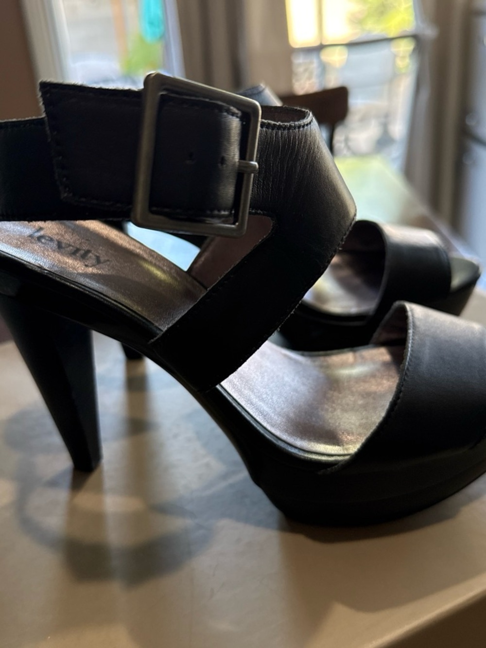 levity Black Platform Strap Heels with Buckle